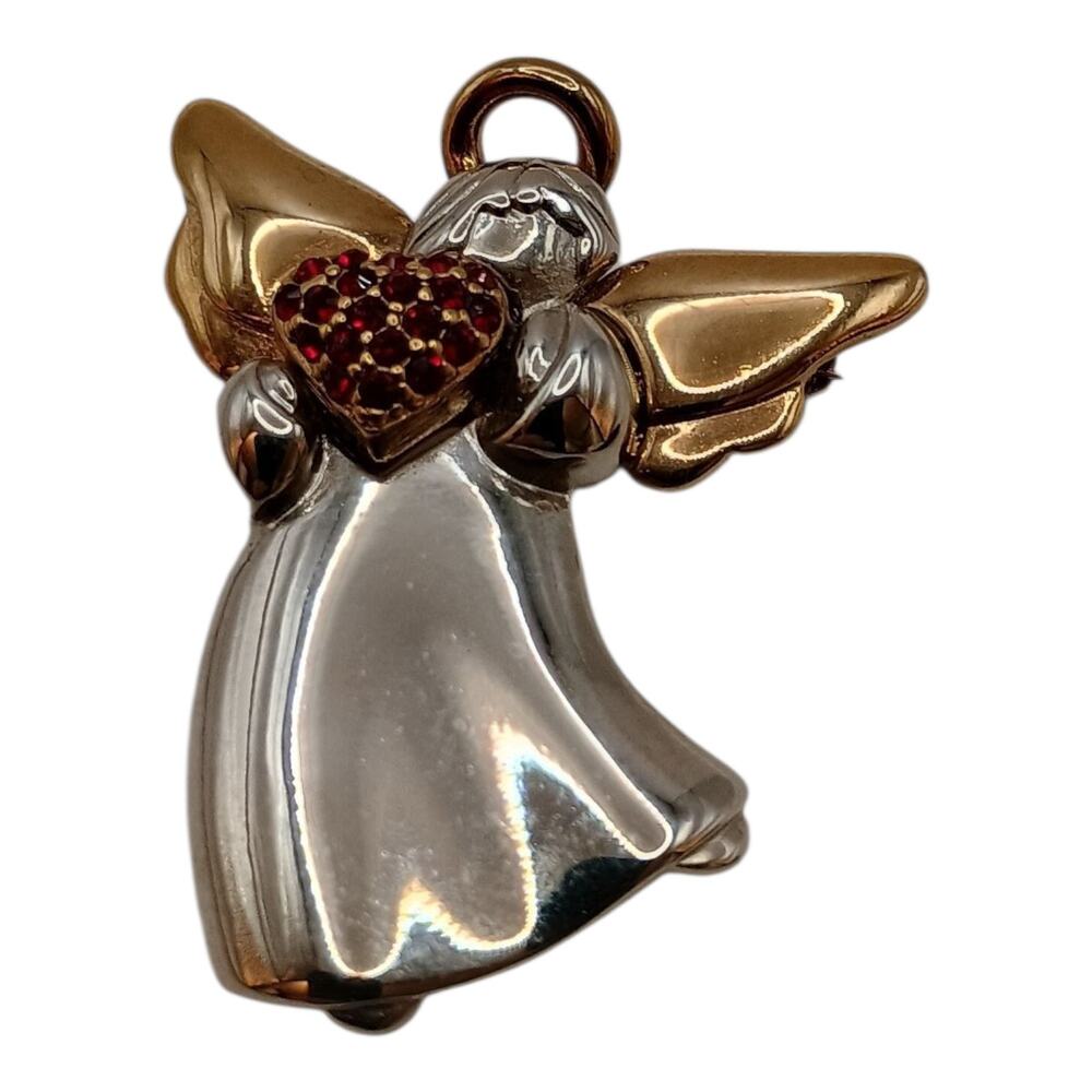 Liz Claiborne Vintage Gold And Sliver Tone Angel With Red Crystal‎ Heart Brooch
